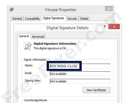 Screenshot of the Rich Mobile Co,Ltd. certificate